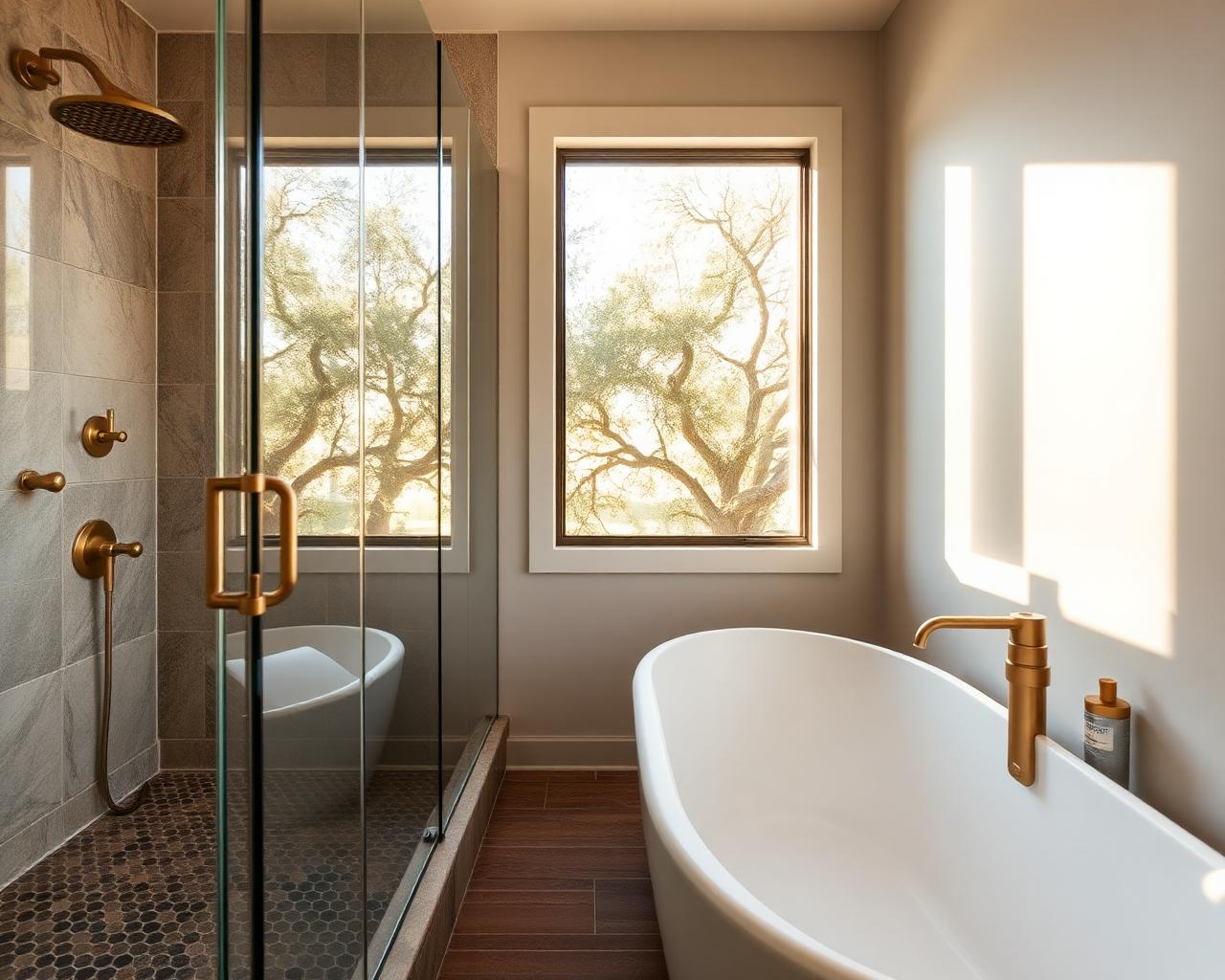 Freestanding tub and walk-in shower with brass fixtures