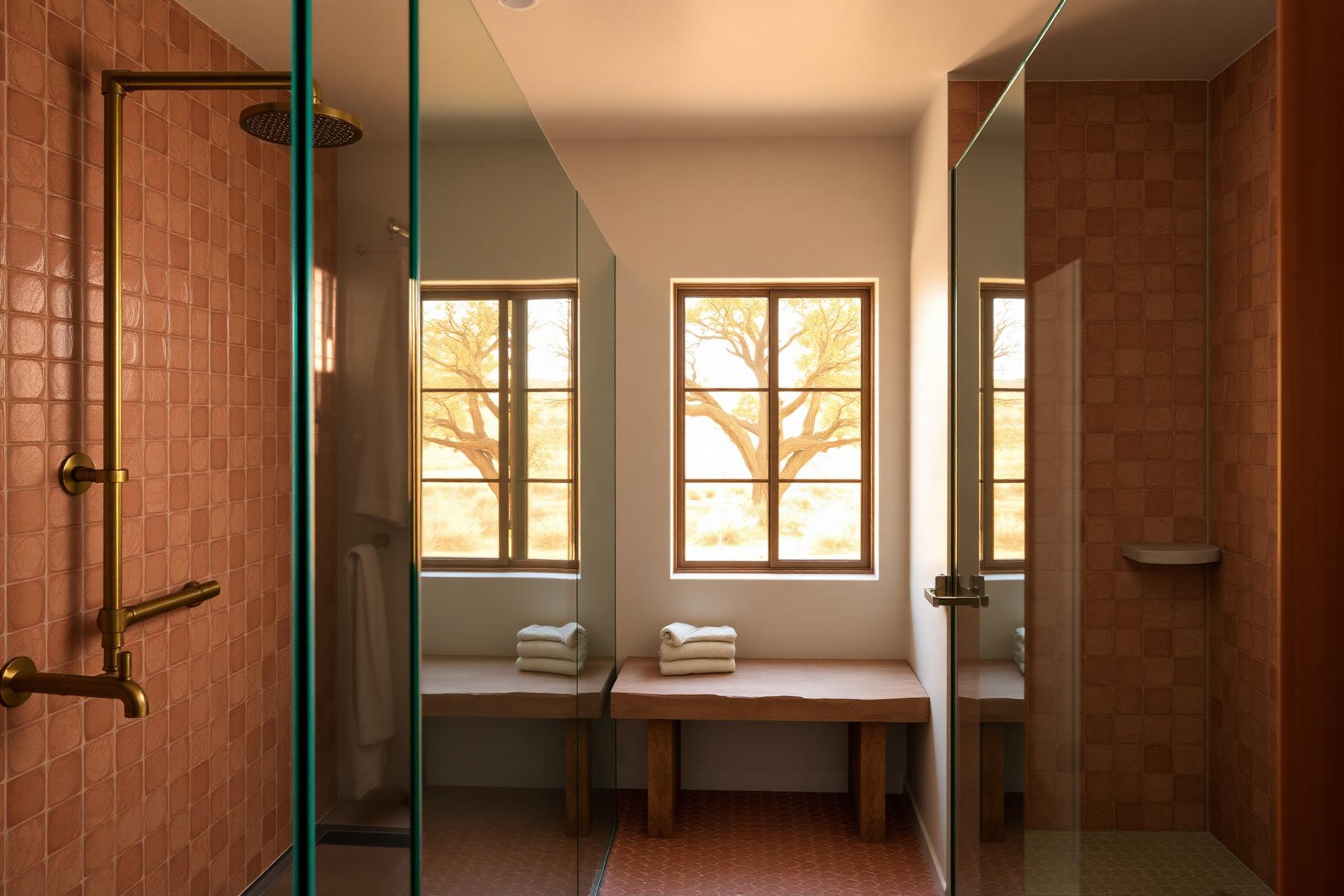 Terracotta tile walk-in shower remodel with brass fixtures
